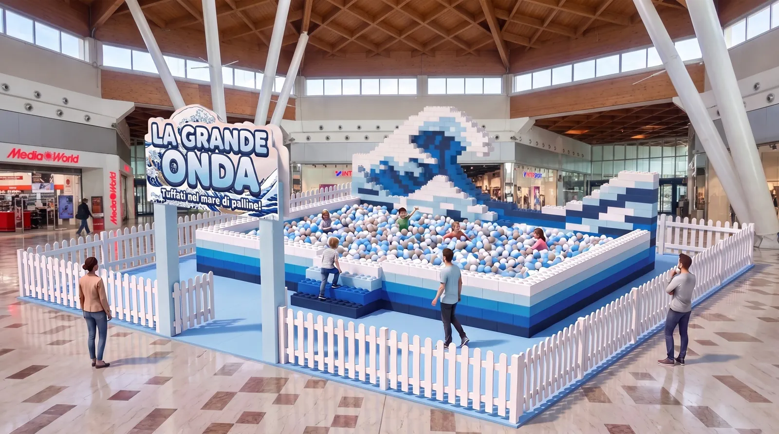 Progetto dell'area gioco «La Grande Onda»: una vasca di palline sotto l'onda di Hokusai, in un centro commerciale